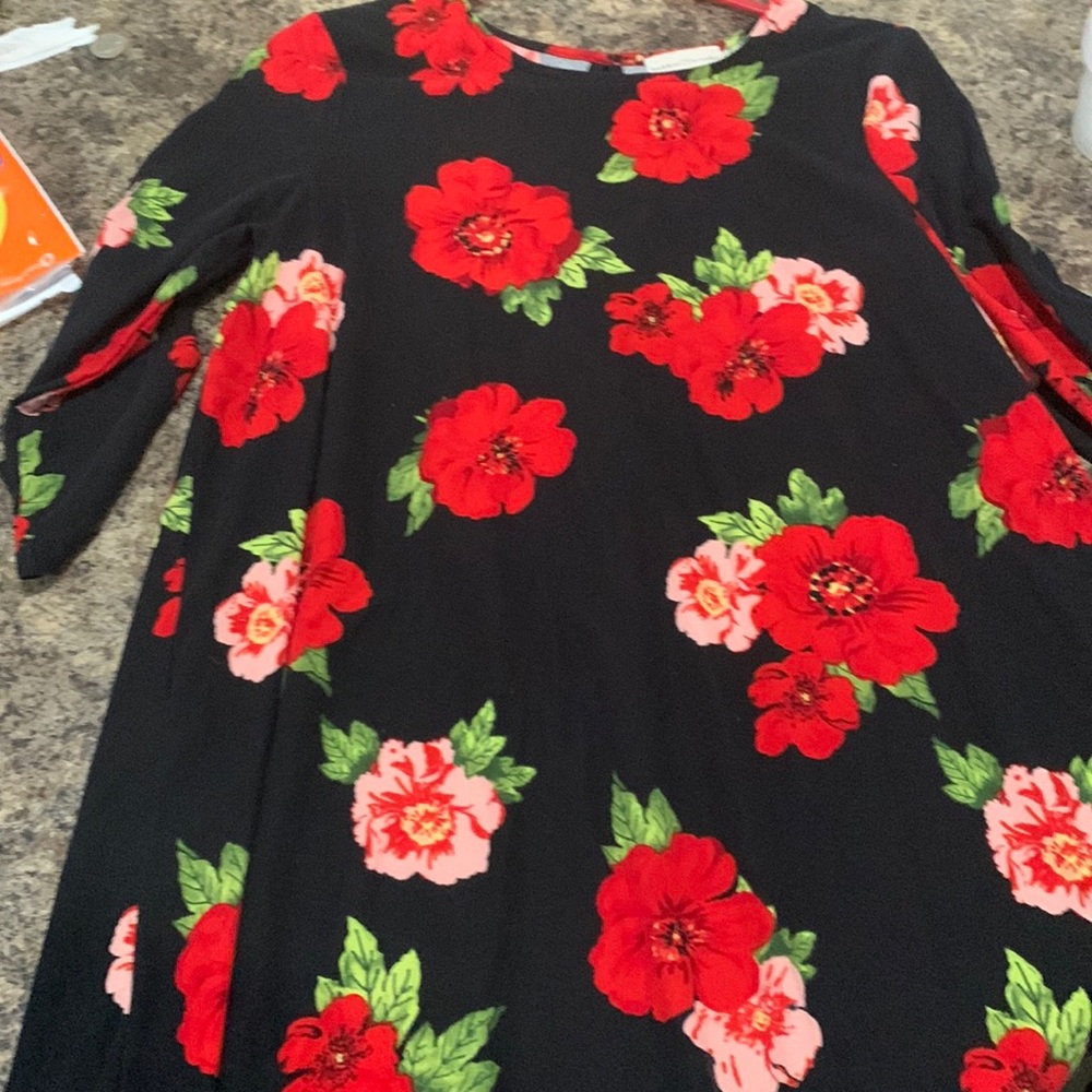 Black dress with pink and red roses